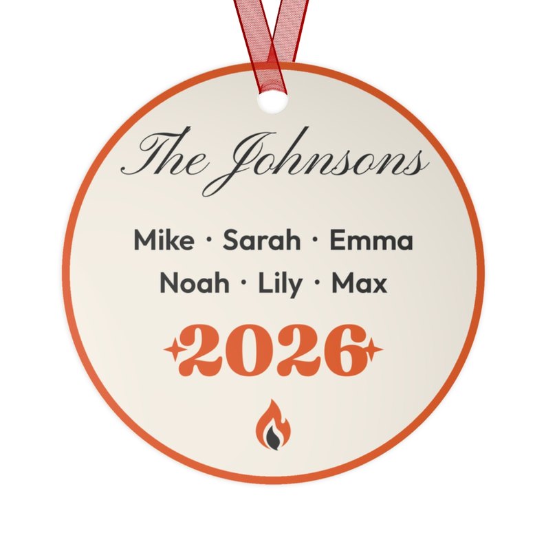 Family Names Ornament 2026: Two-sided round metal ornament